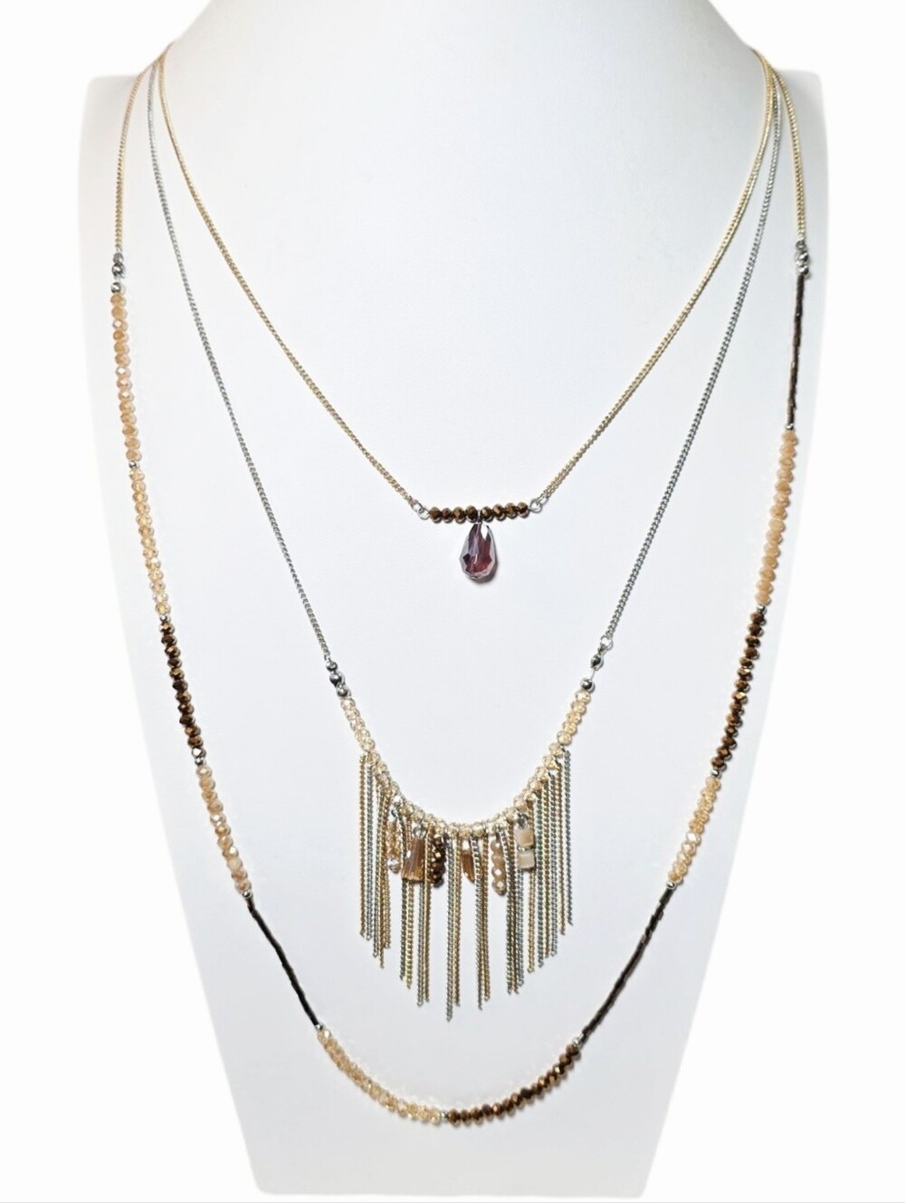 Stunning Layered Gold and Brown Beaded Fringe Gold & Silver-Tone Chain Necklace